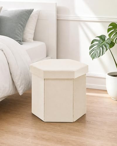 B FSOBEIIALEO Storage Ottoman Cube Hexagonal Pouf Ottomans, Foot Rest Seat for Sofa Footrest Entryway Shoe Footstool for Living Room/Bedroom/Entrway Velvet White 16.93"x15"x15" - color: White