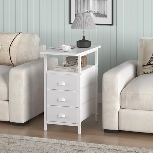 sthmec End Table with Charging Station, Side Tables Livingroom with USB Ports and Outlets,Narrow Nightstands Bedside Tables with 3 Drawers PU Finish for Small Space,Slim Sofa Table Bedroom,White - color: White, size: 11.75'' W*21'' D* 24.3'' H, style: Pow