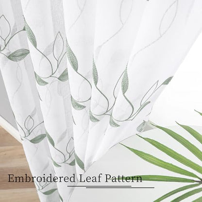 Tollpiz Sage Green Leaf Sheer Tier Curtains Leaves Embroidered Kitchen Short Curtain Rod Pocket Voile Bathroom Curtains for Cafe, 30 x 24 inches Long, Set of 2 Panels | Short Curtain Leaves Embroidered Rod Pocket Voile Bathroom Window Treatment for Cafe,