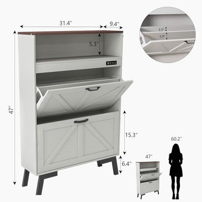Shoe Cabinet with Deodorizer, Narrow White Entryway Storage, Anti-Tip | Deodorizer with 4 Modes | 2 Flip Drawers | Adjustable Shelves | Narrow White Design | Anti-Tip Kit | 9.4"D x 31.4"W - size: 47"H x 34.1"W x 9.4"D