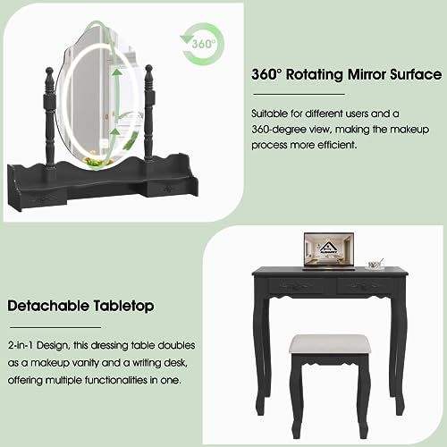 Vanity Desk with Mirror and Lights, Makeup Table with Cushioned Stool Set | Modern Vanity with 4 Drawers, 3 Color Lighting Modes with Adjustable Brightness, Dressing Table Set for Bedroom, Black Vanity - style: Black Vanity