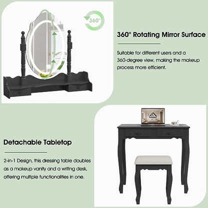 Vanity Desk with Mirror and Lights, Makeup Table with Cushioned Stool Set | Modern Vanity with 4 Drawers, 3 Color Lighting Modes with Adjustable Brightness, Dressing Table Set for Bedroom, Black Vanity - style: Black Vanity