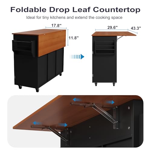 Furnify Kitchen Island with Wheels & Drawers, Kitchen Island Cart, Black | Rolling Kitchen Island with Drop Leaf, Mobile Kitchen Storage Cabinet with Towel Rack & Spice Rack for Dining Room, Kitchen