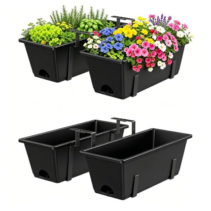 Railing Planter Box Adjustable Window Boxes Planters Set of 2, Black | Hanging Balcony Planters with Removable Bracket, Outdoor Plastic Flower Pots for Fence, Deck Railing, Porch, Patio Garden - color: Black