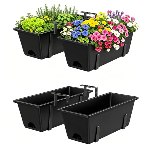 Railing Planter Box Adjustable Window Boxes Planters Set of 2, Black | Hanging Balcony Planters with Removable Bracket, Outdoor Plastic Flower Pots for Fence, Deck Railing, Porch, Patio Garden - color: Black