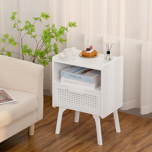 Lerliuo Rattan Nightstand, Side Table with Drawer Open Shelf | Cane Accent Bedside End Table with Solid Wood Legs, Mid Century Modern Night Stand for Bedroom, Dorm and Small Spaces (White) - color: White, size: 1 pack