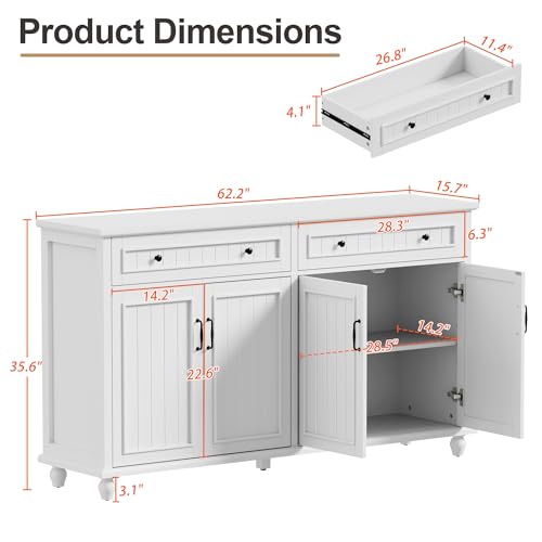 Farmhouse Buffet Cabinet with Drawer, 62'' White Coffee Bar for Living Room | Vintage Sideboard for Dining Room, 2 Spacious Drawers and Adjustable Shelves, Painted Finish, Heavy Duty, Large Wood TV Stand - color: White, size: 4 Doors with Drawers