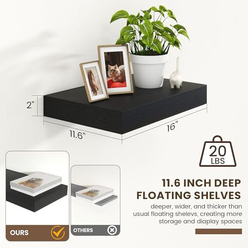 12 Inch Deep Floating Shelves, 16 Inch Black Wall Shelves Set of 2 | Invisible Brackets, Engineered Wood, Mounting Hardware Included, 35LBS, Bathroom, Laundry Room, Kitchen, Living Room - color: Black, size: 16W x 11.6D x 2H, 2 Pack