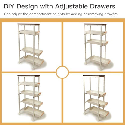 5 Tier Slim Storage Cart Metal Gap Filler with Wood Top White | Slim rolling cart fits 8" laundry gaps. Features a solid wood top for heavy detergents and breathable PP mesh drawers - color: White