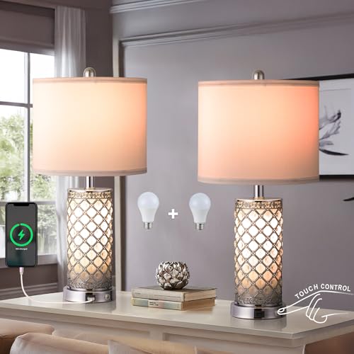 Serteaw Touch Control Table Lamp Set of 2,Silver Crystal Nightstand Lamps with USB Charging Ports, Stepless Dimming, Modern Side Lamps for Bedroom & Living Room, Energy-Efficient LED Bulbs Included - color: Silver crystal