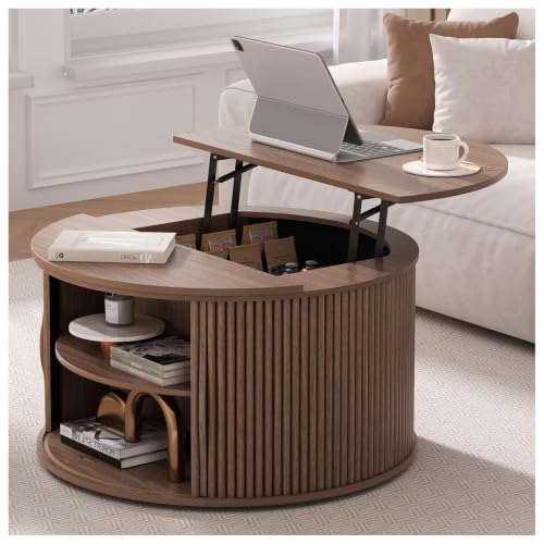 JOINICE Round Lift Top Coffee Table with Storage for Living Room,Walnut | 31.5" Drum Design,Hidden Storage&Open Shelf,Modern Fluted Center Table for Small Apartments,Easy Assembly,Up to 150 lbs - color: Walnut_round (Lift Top)