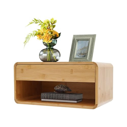 Xuthusman Floating Nightstand，Bamboo Wall Mounted Nightstand with Drawer, Modern Floating Bedside Cabinet, Space-Saving Storage Shelf for Bedroom Living Room Office（Wood Color）