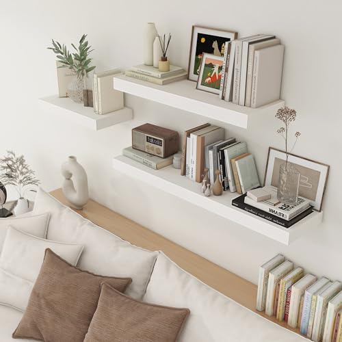 Deep Floating Shelves, 24'' x 12'' White Shelves for Wall Set of 2 | Invisible Brackets, Engineered Wood, Mounting Hardware Included, 40LBS, Bathroom, Laundry Room, Kitchen, Living Room - color: White, size: 24W x 11.6D x 2H, 2 Pack