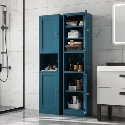 67" Tall Narrow Storage Cabinet with Doors and Open Shelf,Metal Pantry Cabinet,Shaker Style Slim Cabinet with Adjustable Shelves,for Bathroom Kitchen Laundry Small Spaces,Blue, 1Pc - color: Blue, size: 11.8"D x 15.7"W x 67"H-B