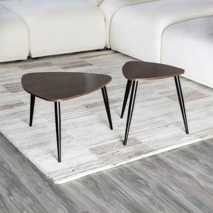 Penau Contemporary Nesting Tables 2pc Set, Metal Frame with Solid Wood Tops, Space Saving Stacking Design, Natural and Black Finish, 15.5 x 15.5 x 15.5 Inchs