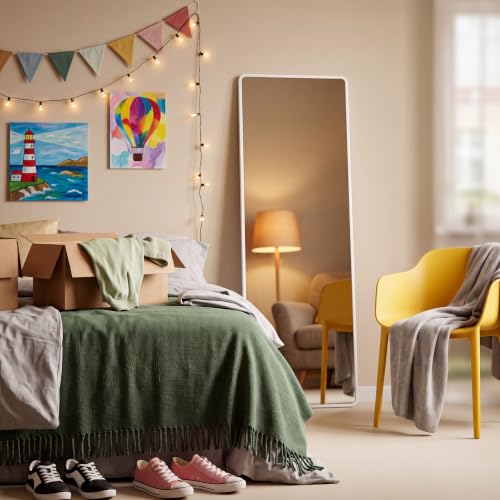 Thyle Over The Door Mirror 16x48'' Full Length Dorm White Mirror with Adjustable Hooks Wall Mounted for College School Classroom Affirmation Station Back Door Bedroom Entryway Long Body