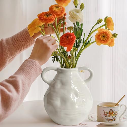 LIFFY Ceramic Vase for Flowers, 6.3 Inch Tall Farmhouse Centerpiece with Double Handles, Rustic Terracotta & Modern Navy White - Home Table Decor (White) - color: Double Handle-white