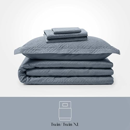 Clara Clark Quilts Twin Size - All Season Bedspread Coverlet Set, Pinsonic Weave Lightweight Bedding Set - 5 Piece Twin Quilt Set with Pillow Shams, Steel Blue - Twin Diamond - color: 21 – Slate Blue – Diamond, size: Twin