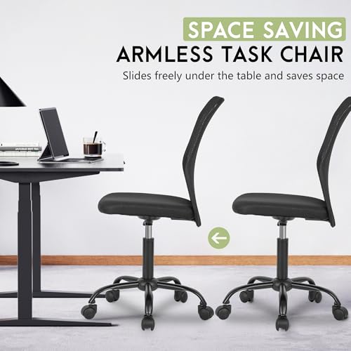 BestOffice | Armless Office Chair | Black | with Lumbar Support | Ergonomic Computer Chair with Height Adjustment, 360 Swivel, High Density Cushion & Rotatable Wheels | For Home, Office - color: Black
