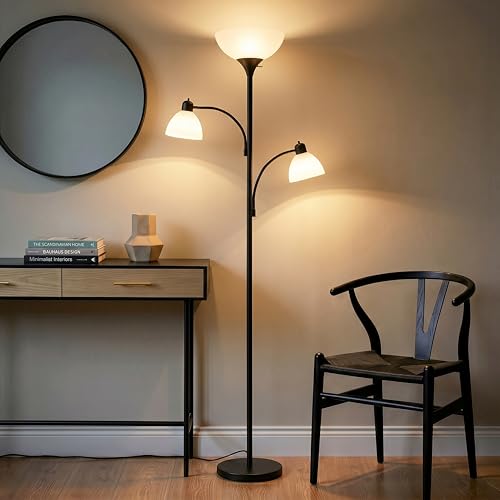 Brightech Sky Dome Double LED Floor Lamp, Torchiere Super Bright Floor Lamp with 2 Reading Lamps for Living Rooms & Offices - Dimmable Tall Standing Lamp for Bedroom Reading - Tall Black Pole - color: Jet Black