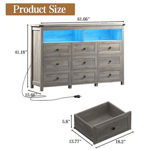 9 Drawer Dresser for Bedroom with LED Lights, Charging Station, Wood Chest of Drawers with Metal Handles, Modern TV Stand & Storage Organizer for Bedroom, Hallway, Grey - color: Grey, style: LED 9 Drawers
