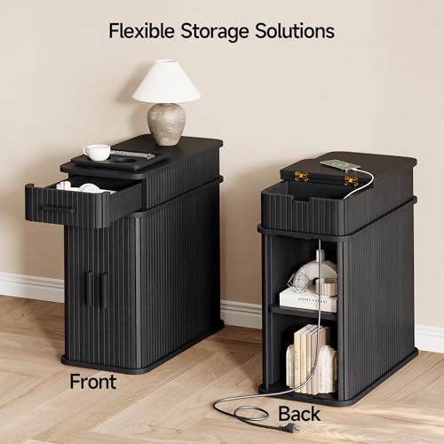 Fluted End Table with Charging Station, Narrow Side Table with Drawers, Skinny Nightstand with Storage, Mid-Century Modern Bedside Tables for Small Space Living Room Sofa Couch, Patent Pending - color: Black