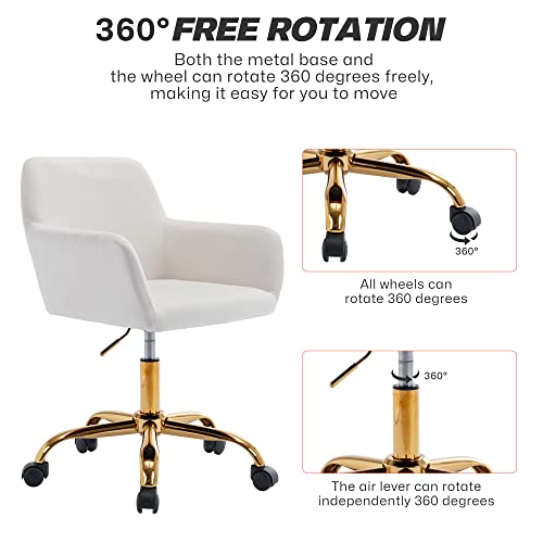 Velvet Makeup Vanity Chair,Home Office Desk Chair with Wheels, White | Fluffy Swivel Modern Armchair Upholstered Fuzzy Height Adjustable for Teens Women Girls Elegant for Living Room Bedroom - color: White+velvet