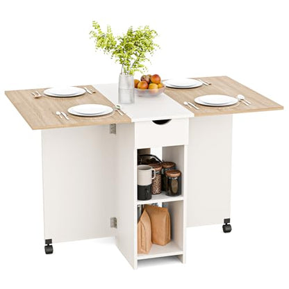 Mondeer Folding Dining Table with Drawer and Shelves, Oak & White | Drop Leaf Kitchen Table with 1 Drawer and 2 Storage Shelves in Modern Style for Small Spaces and Seats 4-6 People. - color: Oak & White