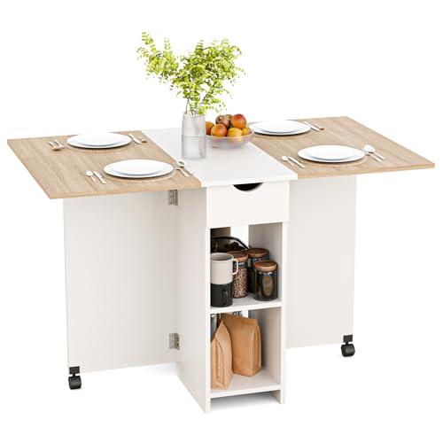 Mondeer Folding Dining Table with Drawer and Shelves, Oak & White | Drop Leaf Kitchen Table with 1 Drawer and 2 Storage Shelves in Modern Style for Small Spaces and Seats 4-6 People. - color: Oak & White