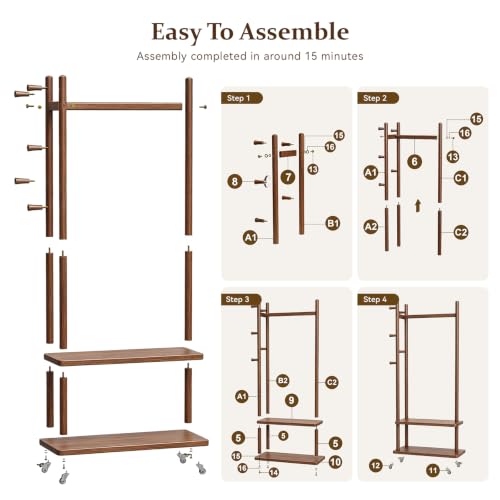 Coat Rack Solid Wood Stand Storage 2 Shelves 4 Hooks Entryway | Hallway bedroom living room office, durable wood construction, freestanding design, coats hats bags storage - size: Walnut - L: 13''Wx 24.8"D x 71"H (With Wheels)
