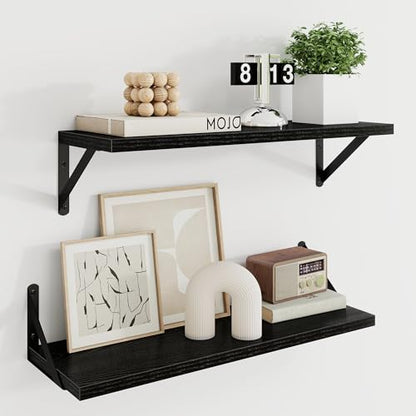 Dreamland Wall Mounted Floating Shelves Set of 2, 24x8, Black | Engineered Wood, Visible Bracket, Large Storage, Hold Up to 45lbs, Living Room, Bathroom, Bedroom, Kitchen - color: Black, size: 24"W x 8"D