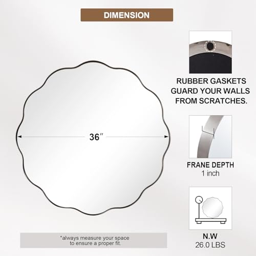Brushed Nickel Round Bathroom Mirror, 36 Inch Round Circle Mirror in Stainless Steel Metal Frame, Large Silver Vanity Frame with Unique Wavy Design - color: Brushed Nickel, size: 36"L x 36"W