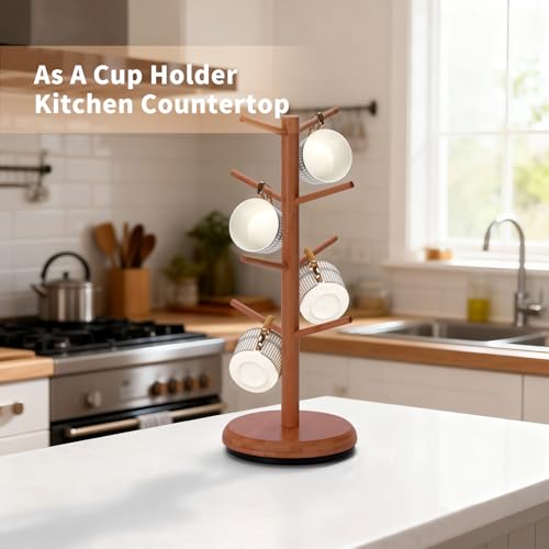 BAMBANG Mug Holder, 360° Rotating Mug Tree Holds 8 Coffee Cups, Space Saving Mug Stand with Stable Base for Kitchen Coffee Bar - color: Tea Brown