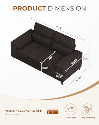 Upvilla 71.25" Modern Sofa Couch for Deep Seat Sofa Living Room(Dark Gray) | 8” Cushion, Comfy 2-Seater Chenille Loveseat with Convertible Armrest, Removable Sofa Cover, High Leg - color: Dark Gray, size: 71.25" Couch