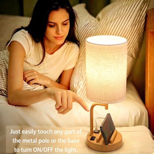 Dreamholder Touch Control USB Table Lamp with USB C/A & AC Outlet, 3-Way Dimmable Bedside Lamp, Modern Nightstand Lamps for Bedroom Living Room Guest Room Office, Bulb Included, Woodgrain - color: Woodgrain