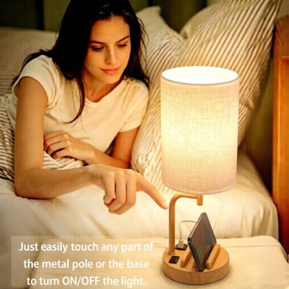 Dreamholder Touch Control USB Table Lamp with USB C/A & AC Outlet, 3-Way Dimmable Bedside Lamp, Modern Nightstand Lamps for Bedroom Living Room Guest Room Office, Bulb Included, Woodgrain - color: Woodgrain