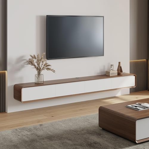 POVISON Fully-Assembled Minimalist Floating TV Stand, Modern Wall-Mounted Entertainment Center with 4 Flip-Down Cabinet Doors, Solid Wood, Walnut Veneer & White, 94" - color: Walnut & White, size: 94.49"