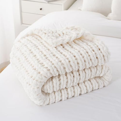 Chunky Knit Throw Blanket for Couch, White Knit Throw Blanket, 50"x60" | Handmade Cable Knit Crochet Blanket, Soft Thick Knot Knitted Throw Blankets for Bed Sofa ,Cream Neutral Blanket Throw - color: Cream