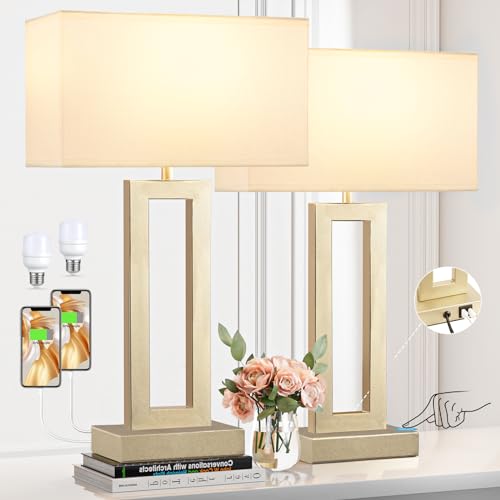 22" Tall Touch Lamps for Nightstand with USB C+A, 3 Way Dimmable Gold Lamp | 3 Way Dimmable, USB-C & USB-A Ports, White & Gold Finish, Modern Desk Lamp for Living Room, Desk, Bed Side, End Tables - color: A. White&Gold, size: Large(22in)