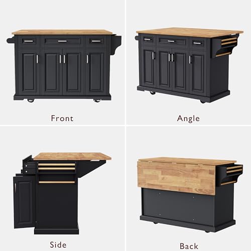 54inch Large Kitchen Island With Rubber Wood Drop Leaf,Embossed Texture Rolling Kitchen Cart On 4 Wheels With 4 Doors And 3 Drawers,Kitchen Island With Storage For Kitchen,Dining Room (Black-0t) - color: Black-0t)