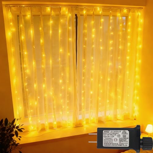 300 LED Curtain Lights Plug-in Fairy Curtain Lights with 8 Modes, Connectable Indoor/Outdoor for Christmas Decorations, Weddings, Walls, Windows, Parties，Warm White