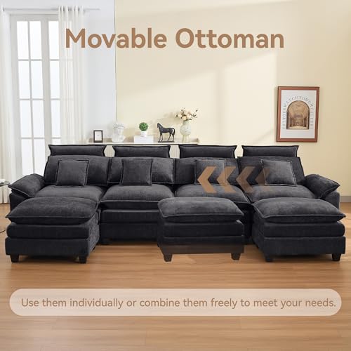 134'' Cloud Modern 4 Seater Couch with Detachable Headrest, Modular Sectional Sofa with 2 Ottoman, Oversized U Shape Chenille Comfy Sofa with Armrests for Living Room, Dark Grey - color: Dark Grey, size: U Shaped Couch
