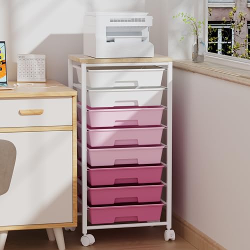 Rolling Cart with 8 Drawers, Storage Drawers Cart with Wooden Tabletop and Lockable Wheels, Craft Storage for Living Room, Office, Classroom, Craft Room, Bedroom - color: Pink