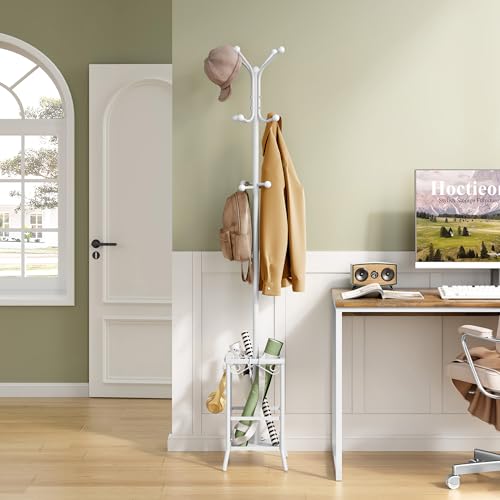 Hoctieon Coat Rack Freestanding, Coat Tree with Umbrella Holder, Metal Coat Rack Stand with 12 Hooks, Standing Coat Hanger Stand, Umbrella Stand for Entryway, Hat Rack Stand for Home Office, White | Metal Coat Rack Stand with 12 Hooks, Standing Coat Hange
