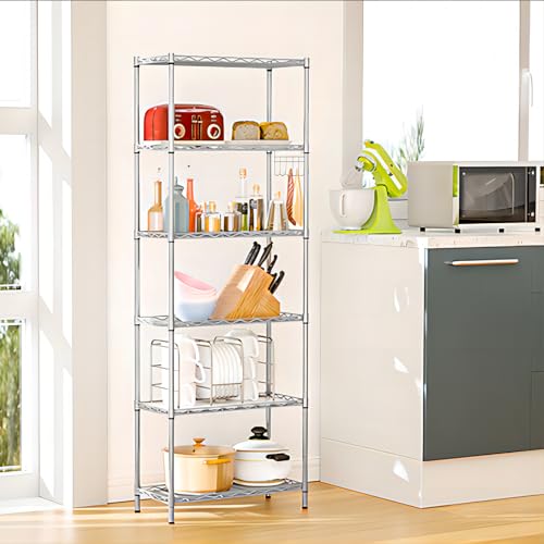 Homdox 6-Tier Storage Shelf Wire Shelving Unit Free Standing Rack Organization with Adjustable Leveling Feet, Stainless Side Hooks, Silver - color: Silver, size: 21.26*11.42*62.99 inch