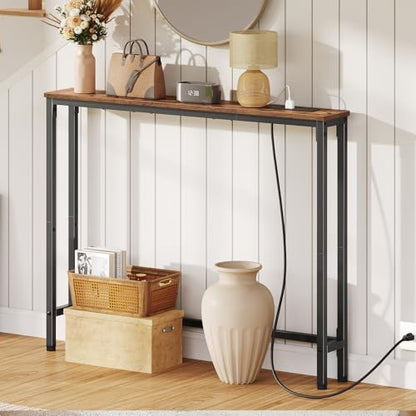 HOOBRO 39.4 Inch Narrow Console Table with Power Outlets, 5.9 Inch Sofa Table with Storage, Skinny Behind Couch Table, for Entryway Hallway, Small Spaces, Rustic Brown and Black BF52UXG01G1