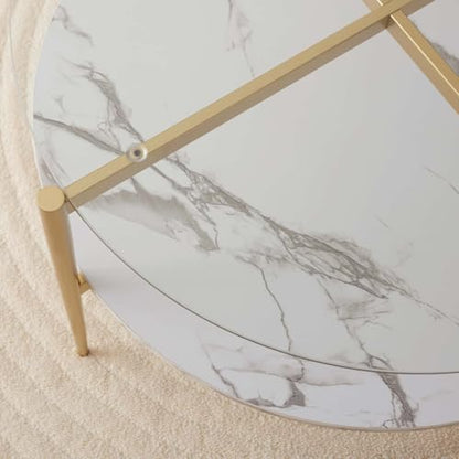 LumFurn Round Coffee Table for Living Room, Mid-Century Modern Design, D30 x H17, 2-Tier Structure, Clear Glass Top and White Marble Finish Wood Shelf, Sleek Conical Metal Legs with Gold Finish Frame - color: D30" Clear & White Marble