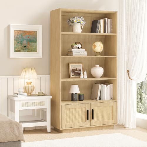 IDEALHOUSE 5-Tier Tall Wooden Bookcase with Rattan Doors, Large Bookshelf with Storage for Living Room, Bedroom, Home Office and Kitchen - color: Wood