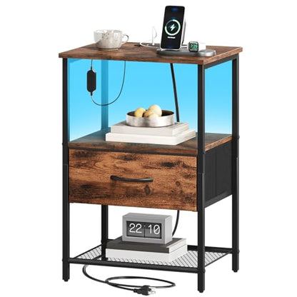 Somdot Nightstand with Charging Station & LED Light, Bedroom Bedside Table | Dorm, Guest Room, Kids Room, Laundry, Closet, Entryway and Hallway, Brown - color: Brown, size: 11.8"D x 15.7"W x 23.4"H (1 Drawers)