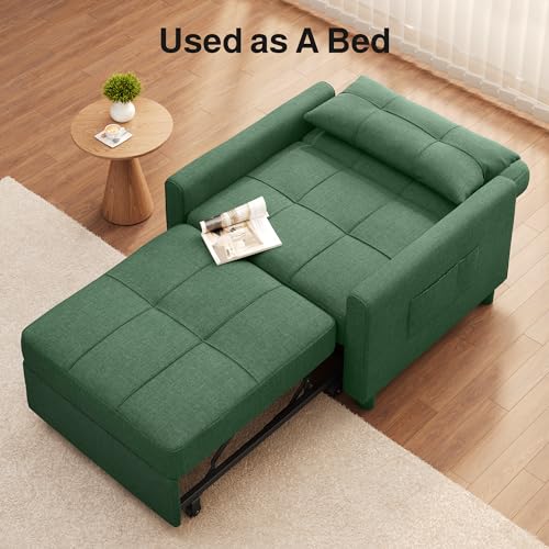 Convertible Sleeper Chair Sofa Bed, 3 in 1 Pull Out Chair, Green | 3 in 1 Chair Bed, Adjustable Backrest, Storage Pocket, Compact Fit for Living Rooms, Apartments, Guest rooms - color: Green